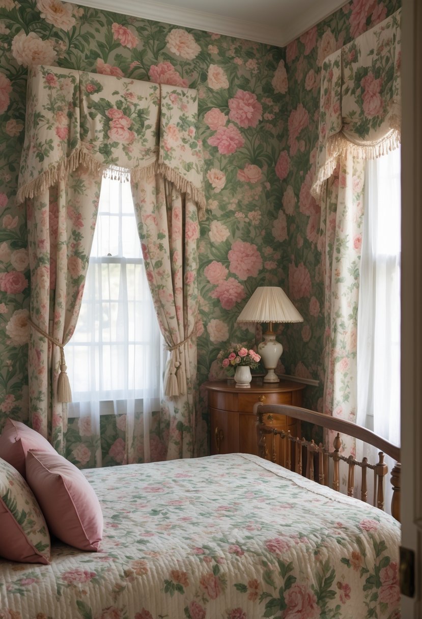 A cozy bedroom with floral patterned wallpaper, a wooden bed with a quilted bedspread, and a bedside table with a vase of flowers.