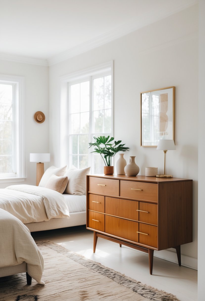 A bedroom with a wooden dresser, a bed, and decorative items arranged neatly in a bright, well-lit space.