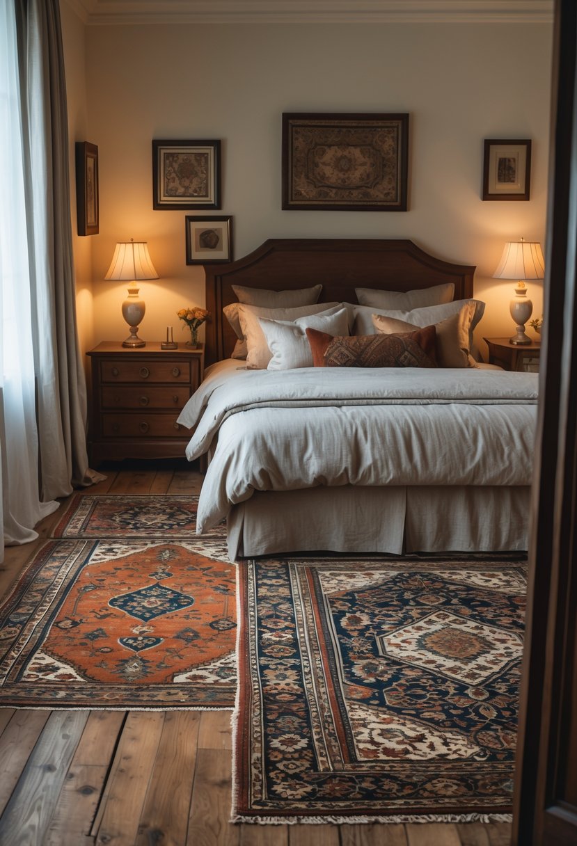 A cozy bedroom with a bed, wooden nightstand, and several colorful Persian rugs on the floor.