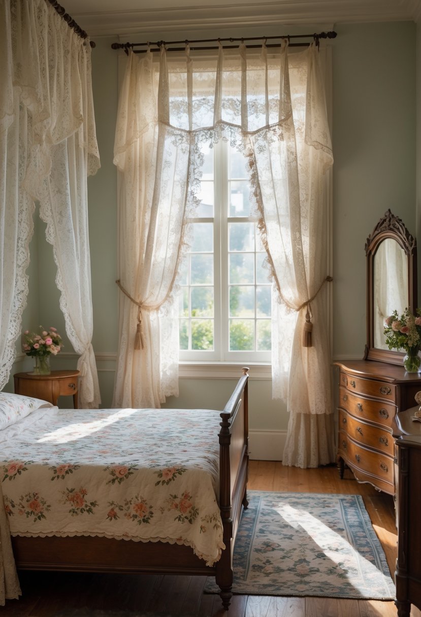 A cozy bedroom with lace curtains on a window, an antique wooden bed, and a wooden dresser with a mirror.