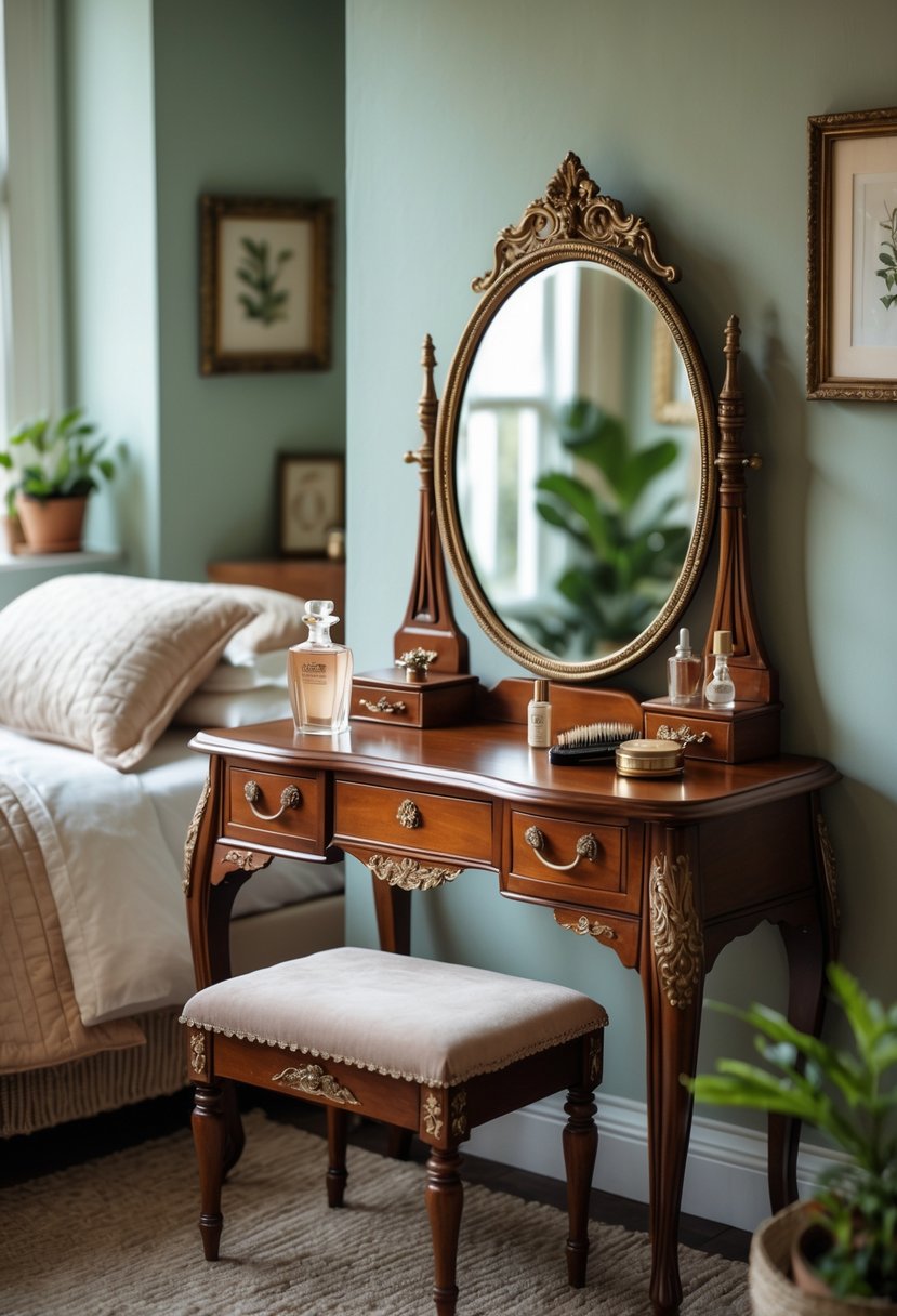 A bedroom with a wooden vanity table, an ornate mirror, and beauty items on the table next to a bed and window.