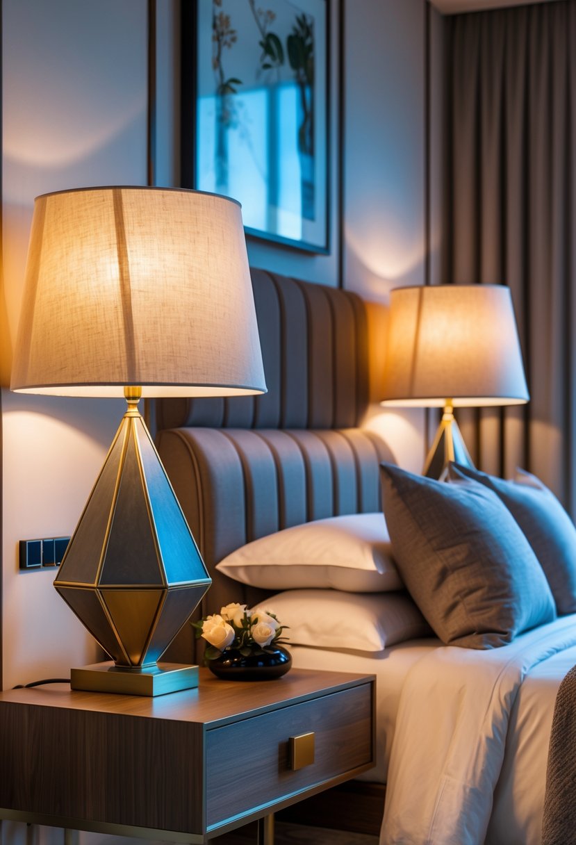 A bedroom with two bedside lamps on nightstands next to a neatly made bed.