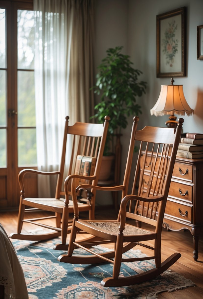 Two wooden rocking chairs in a warmly lit bedroom with wooden furniture and soft natural light coming through a window.