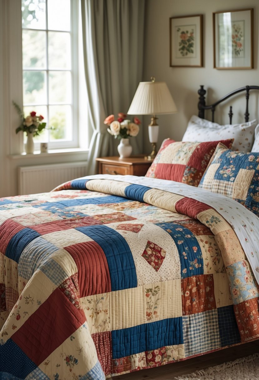 A bedroom with a bed covered in a colorful patchwork quilt, a wooden nightstand with a lamp, and natural light coming through a window.