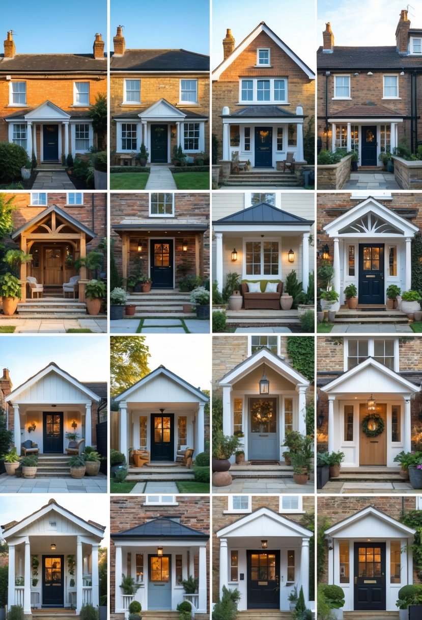 A collection of 25 different porches attached to UK-style houses, featuring various architectural details, plants, and outdoor decorations.