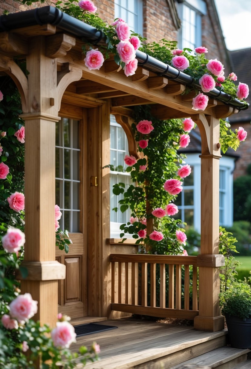 A traditional wooden porch covered with climbing roses in bloom outside a British home.