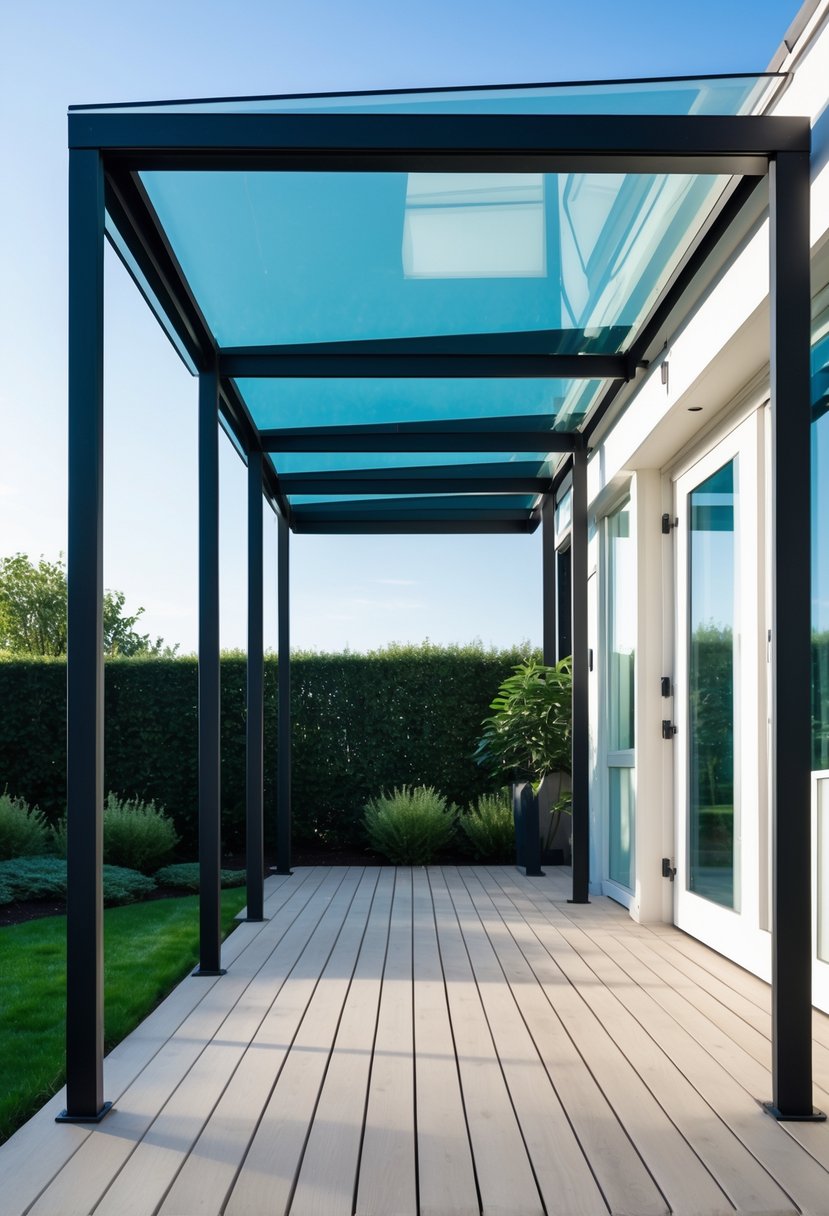 A porch with a glass canopy roof, wooden floor, and a simple entrance door, surrounded by greenery.