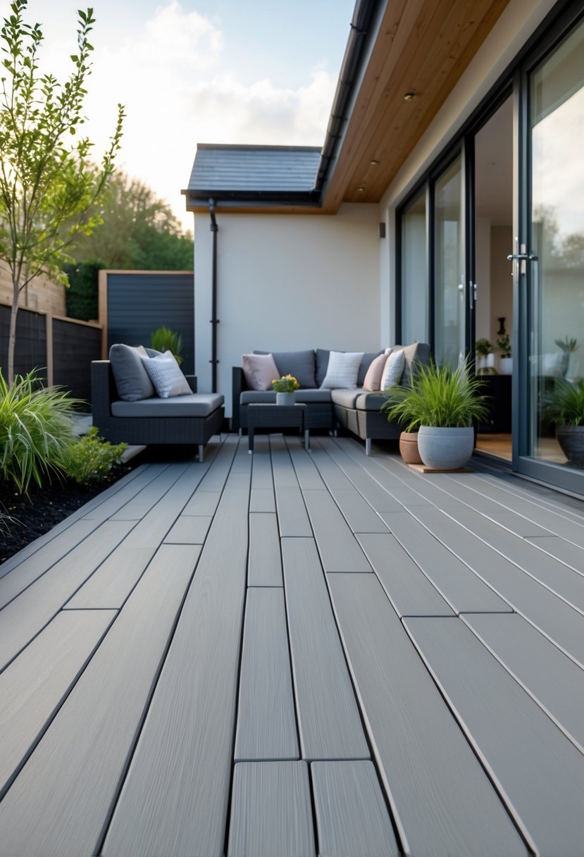 A modern porch with composite decking, outdoor furniture, potted plants, and glass doors of a house in daylight.