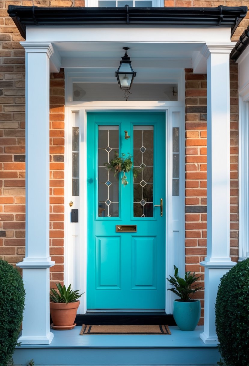A brightly painted front door with matching porch walls on a UK residential home.