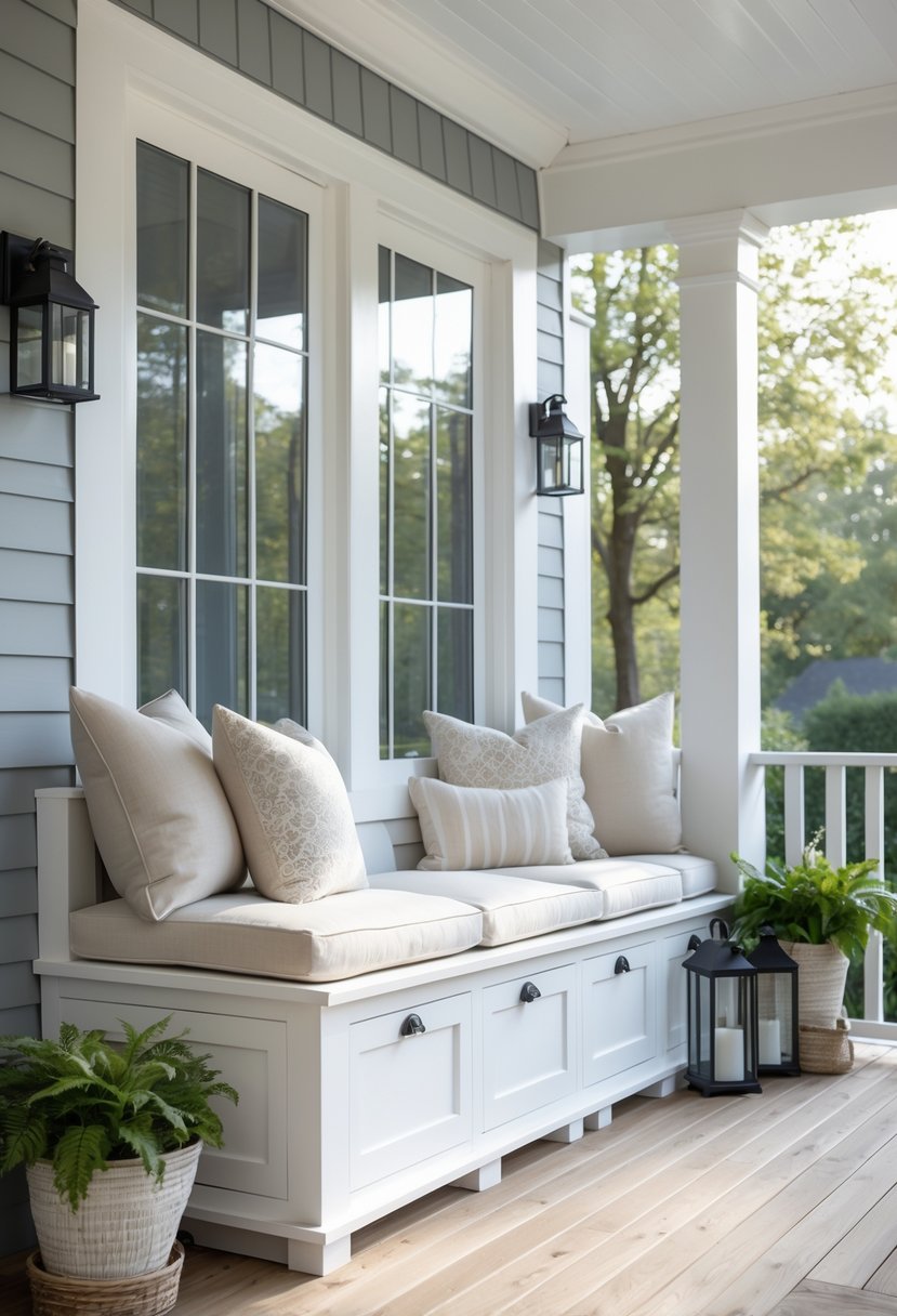 A porch with built-in bench seating that has storage compartments underneath, decorated with cushions and plants.