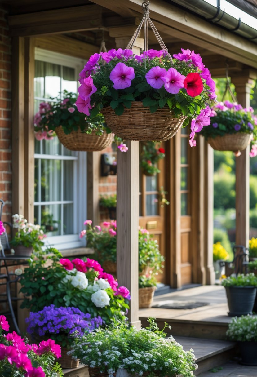 A UK porch decorated with multiple hanging baskets filled with colorful flowers near a wooden door and brick walls.
