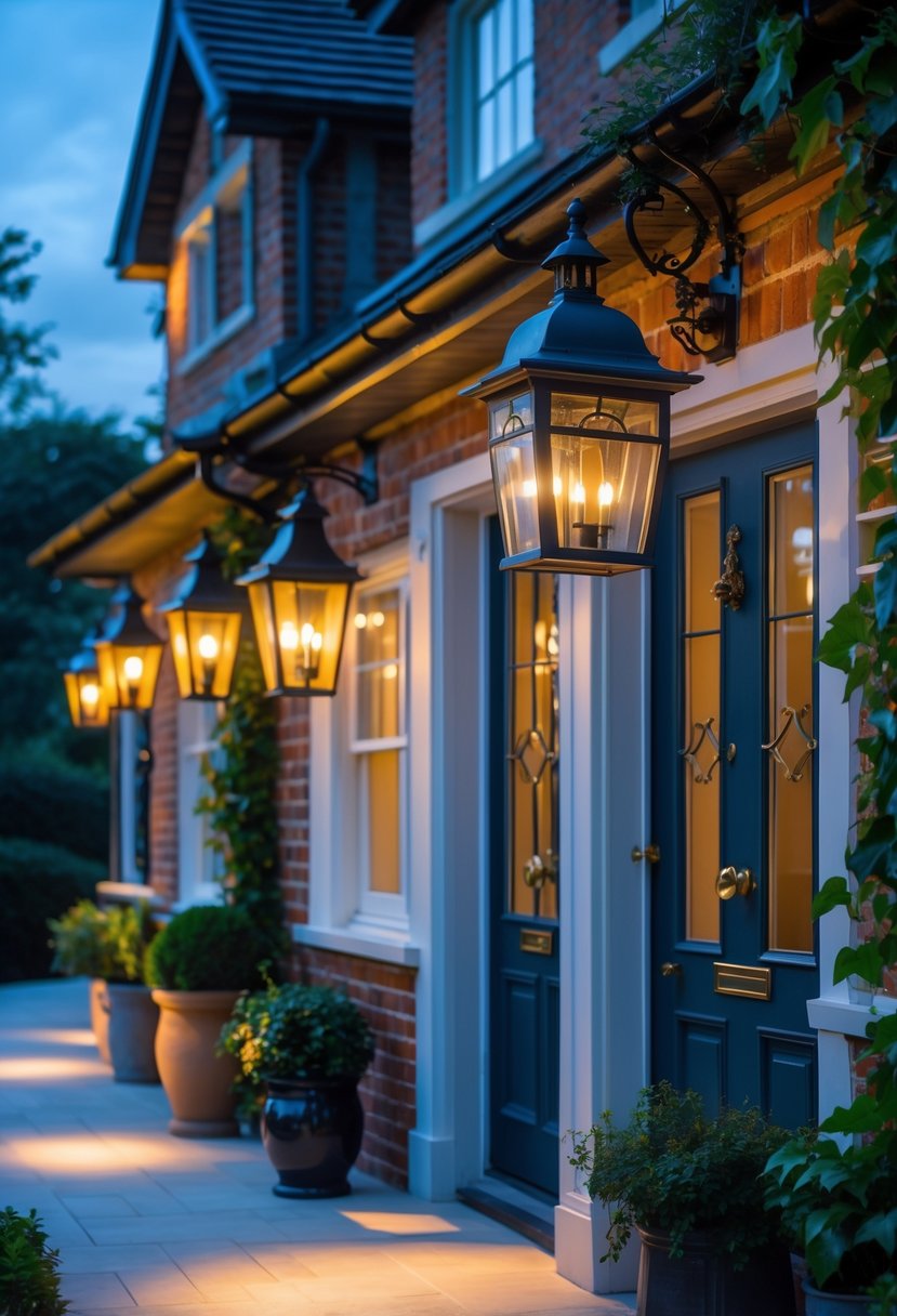 Several outdoor lantern-style lights glowing on porches of houses with brick walls and plants during early evening.