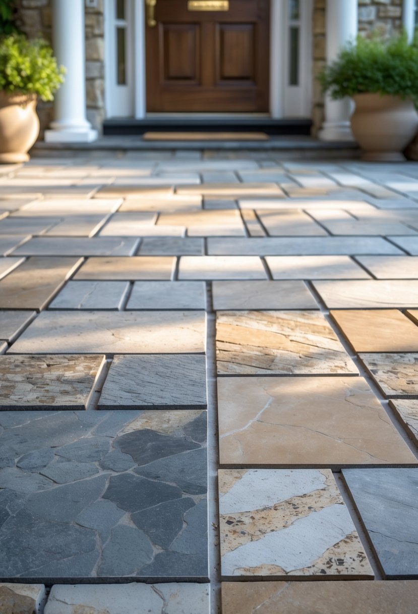 Close-up view of a stone tiled porch floor with natural stone tiles arranged in a neat pattern, with some greenery visible at the edges.