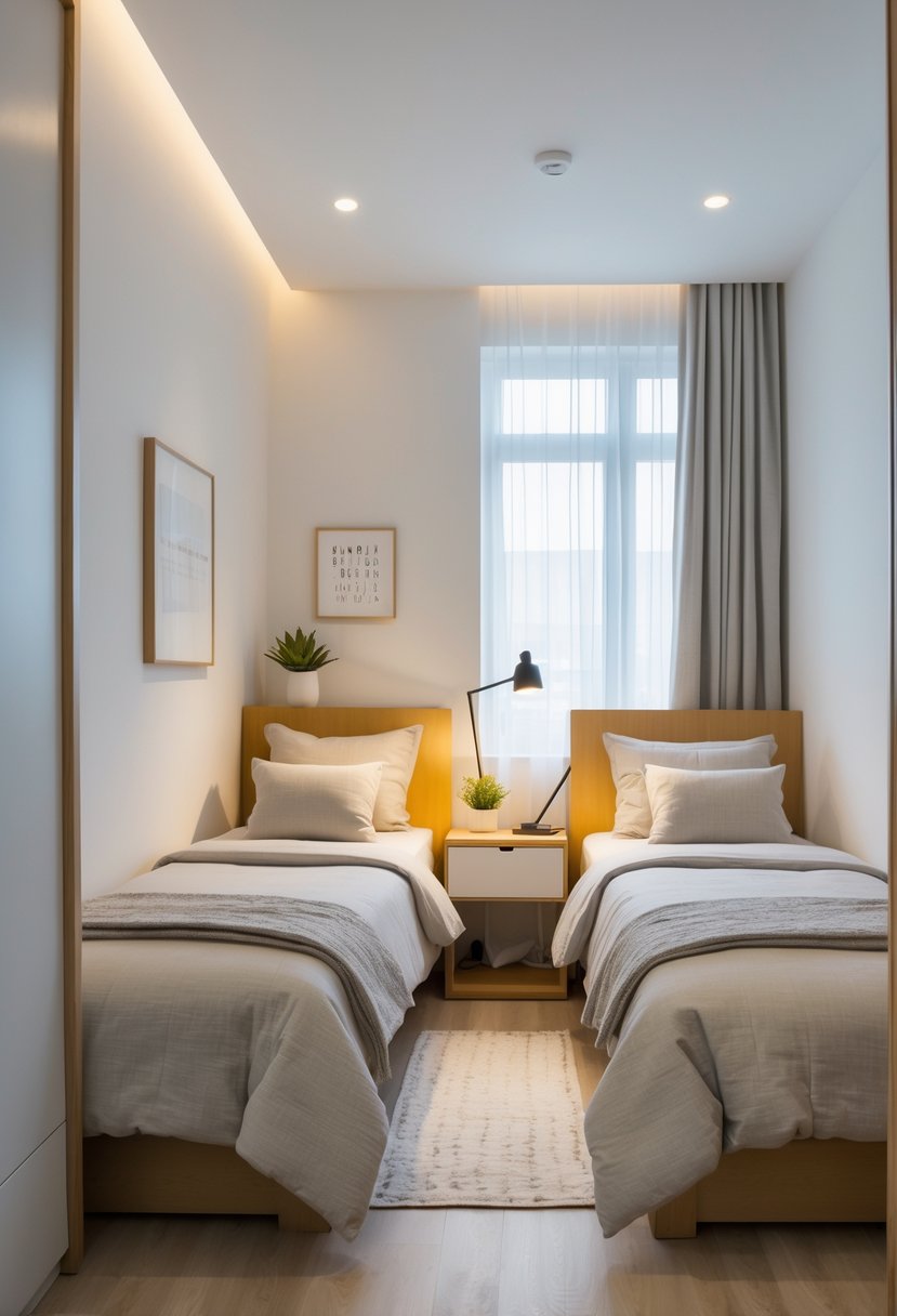 A small bedroom with two twin beds, a nightstand with a lamp and plant between them, a window with curtains, and simple decor.