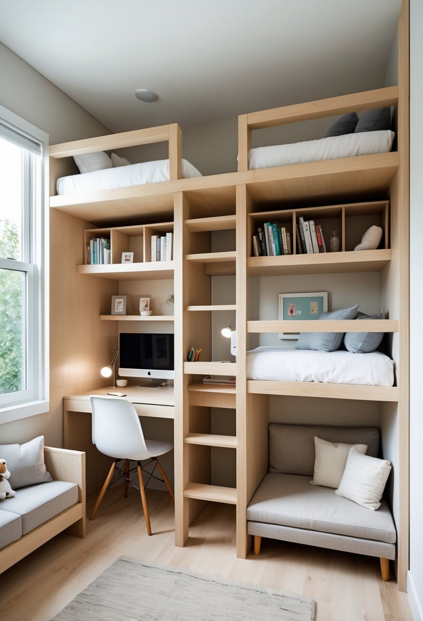 Small twin bedroom with two elevated loft beds, one with a study desk underneath and the other with a seating area, featuring natural light from a window.