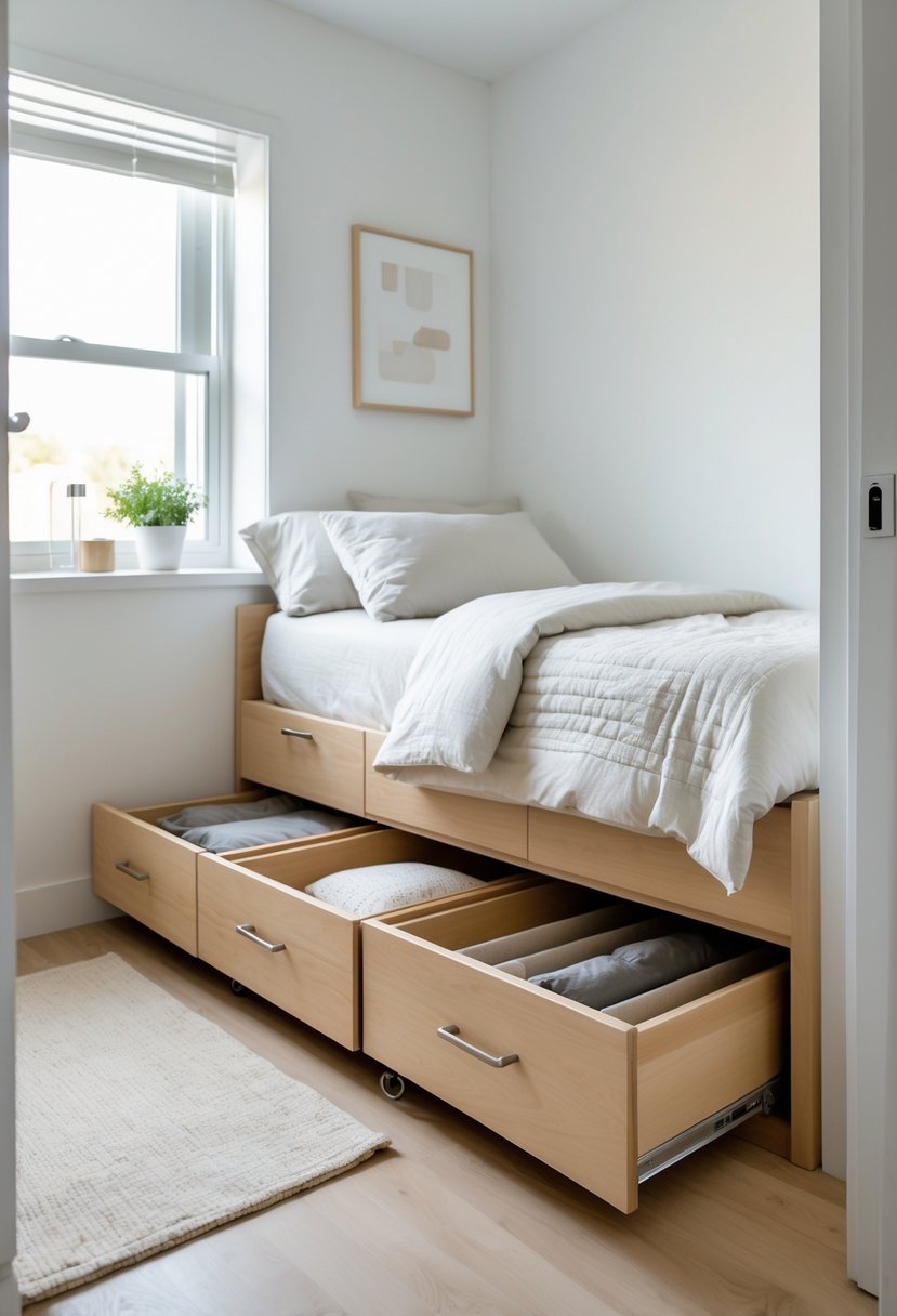 A small twin bedroom with under-bed storage drawers pulled out, showing organized compartments beneath the bed.