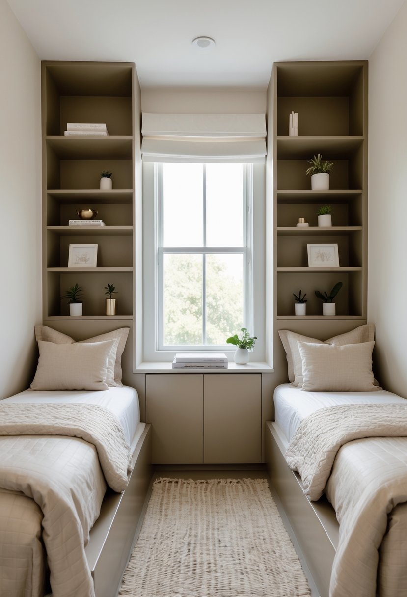 Small twin bedroom with two matching beds featuring built-in shelves and simple decor.
