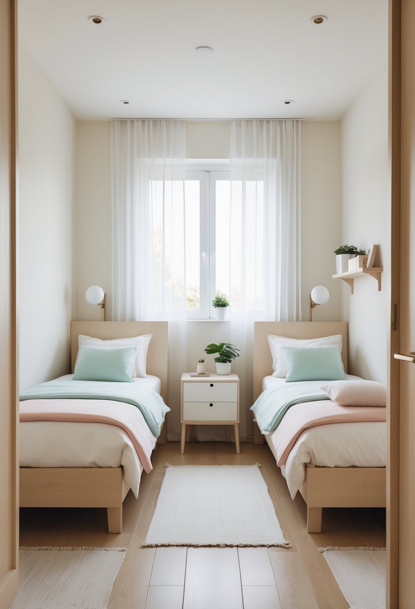 A small bedroom with two twin beds, light-colored walls, wooden furniture, and natural light coming through a window.