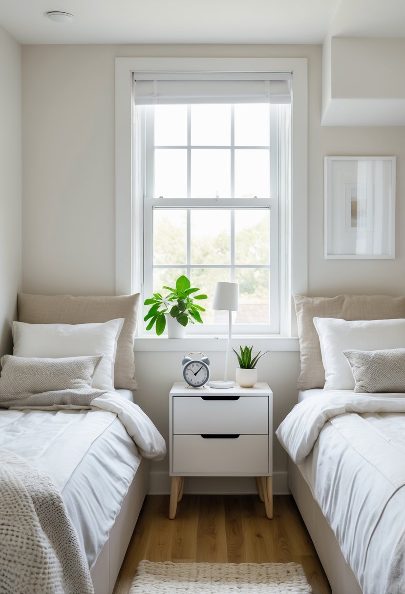 A small twin bedroom with two beds separated by a shared nightstand holding a lamp and a plant.