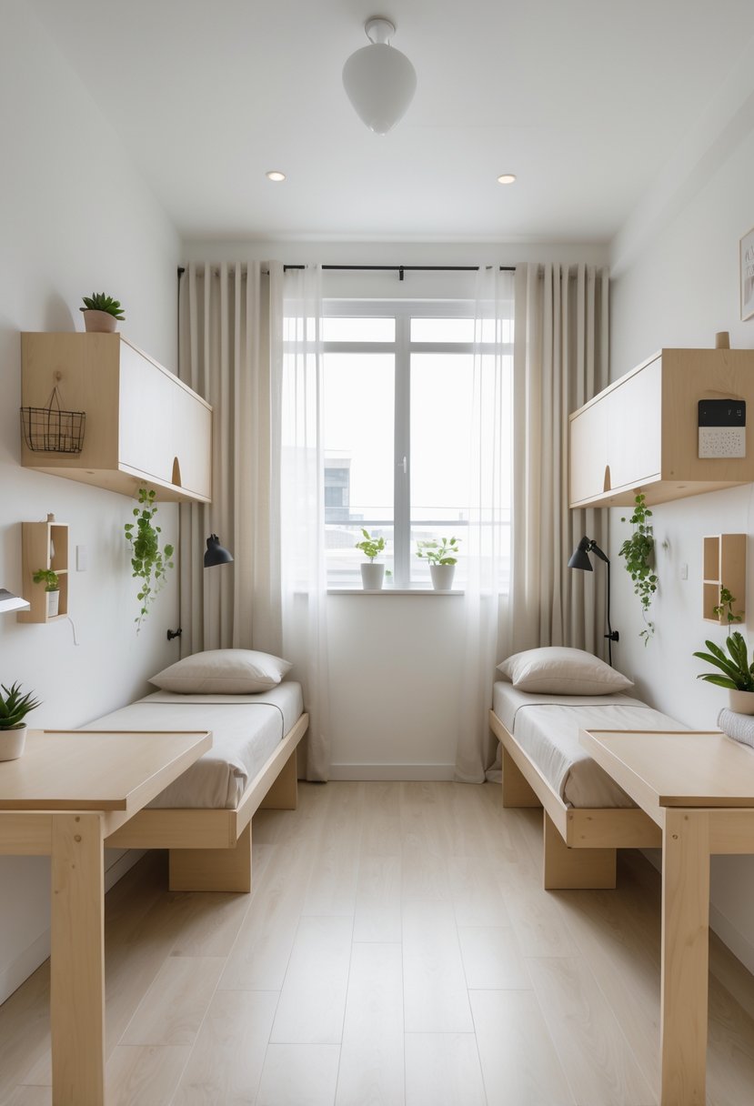 A small twin bedroom with two foldable desks on opposite walls, two twin beds, and natural light coming through a window.