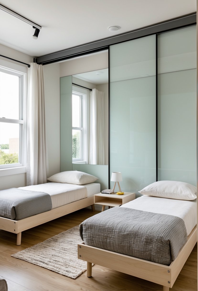 A small twin bedroom with two beds and sliding closet doors, featuring natural light and simple decor.