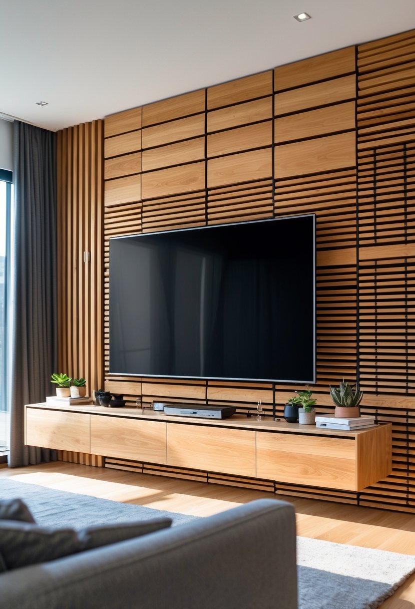 Living room with a large TV mounted on a wooden slat accent wall and a media console below.