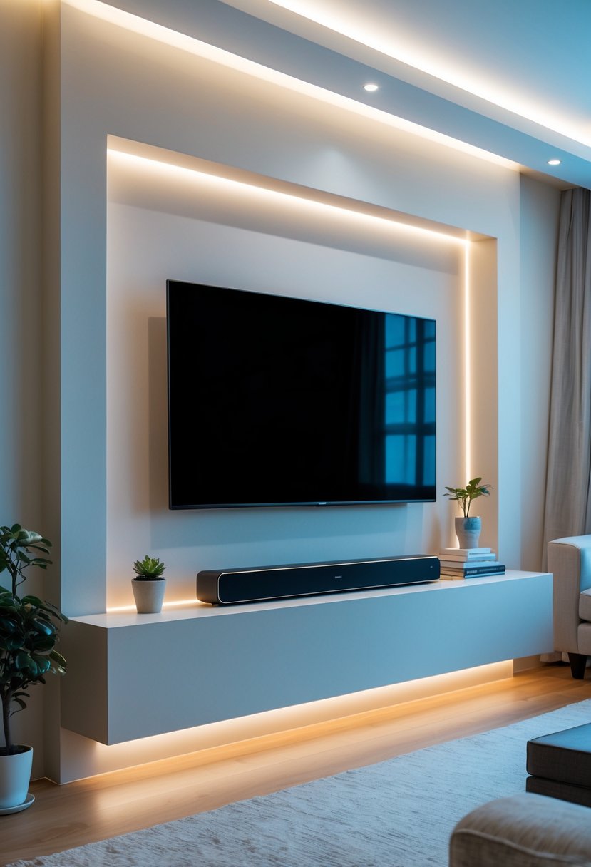 A living room with a recessed wall niche holding a flat-screen TV and a soundbar beneath it.