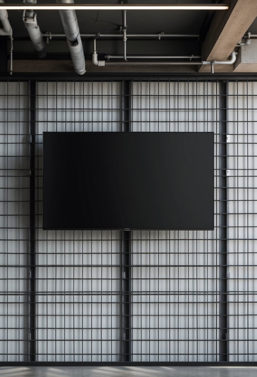 A modern flat-screen TV mounted on a large industrial metal grid wall in an interior space.