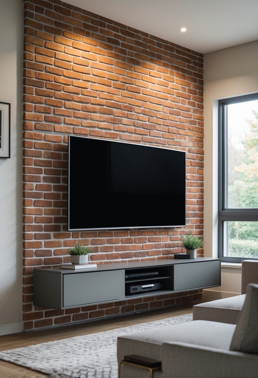 Living room with a brick feature wall and a wall-mounted flat-screen TV above a media console.