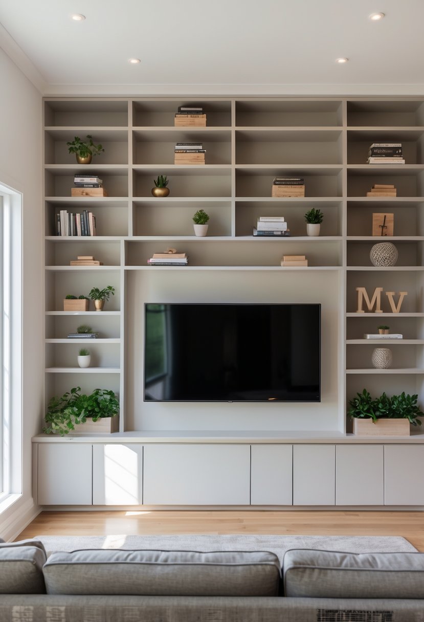 Living room with built-in shelves surrounding a wall-mounted TV, decorated with books and plants.