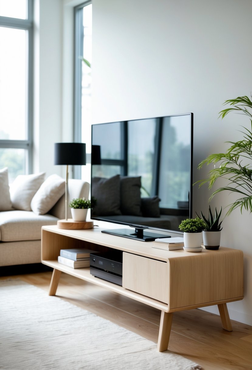 A modern living room with a sleek TV table holding a flat-screen TV and decorative items, with a sofa and large windows in the background.