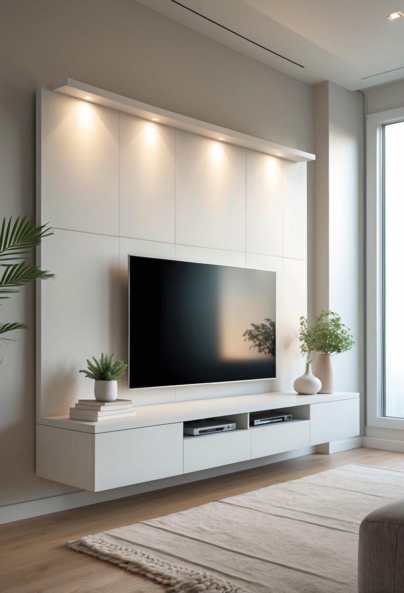 A modern living room with a floating TV stand mounted on the wall, featuring hidden storage compartments and a flat-screen television above it.