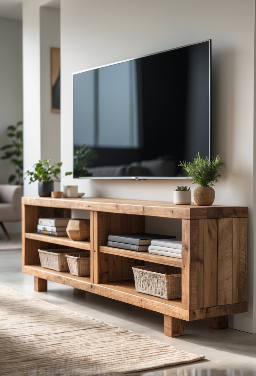 A wooden console table with open shelves holding books and plants in a living room.