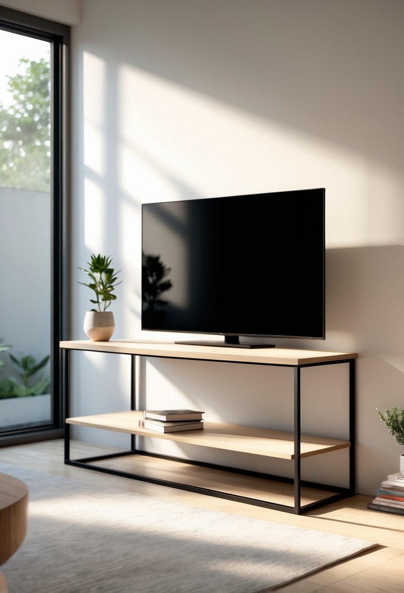A minimalist metal frame TV table with a flat-screen TV in a modern living room with natural light and simple decor.