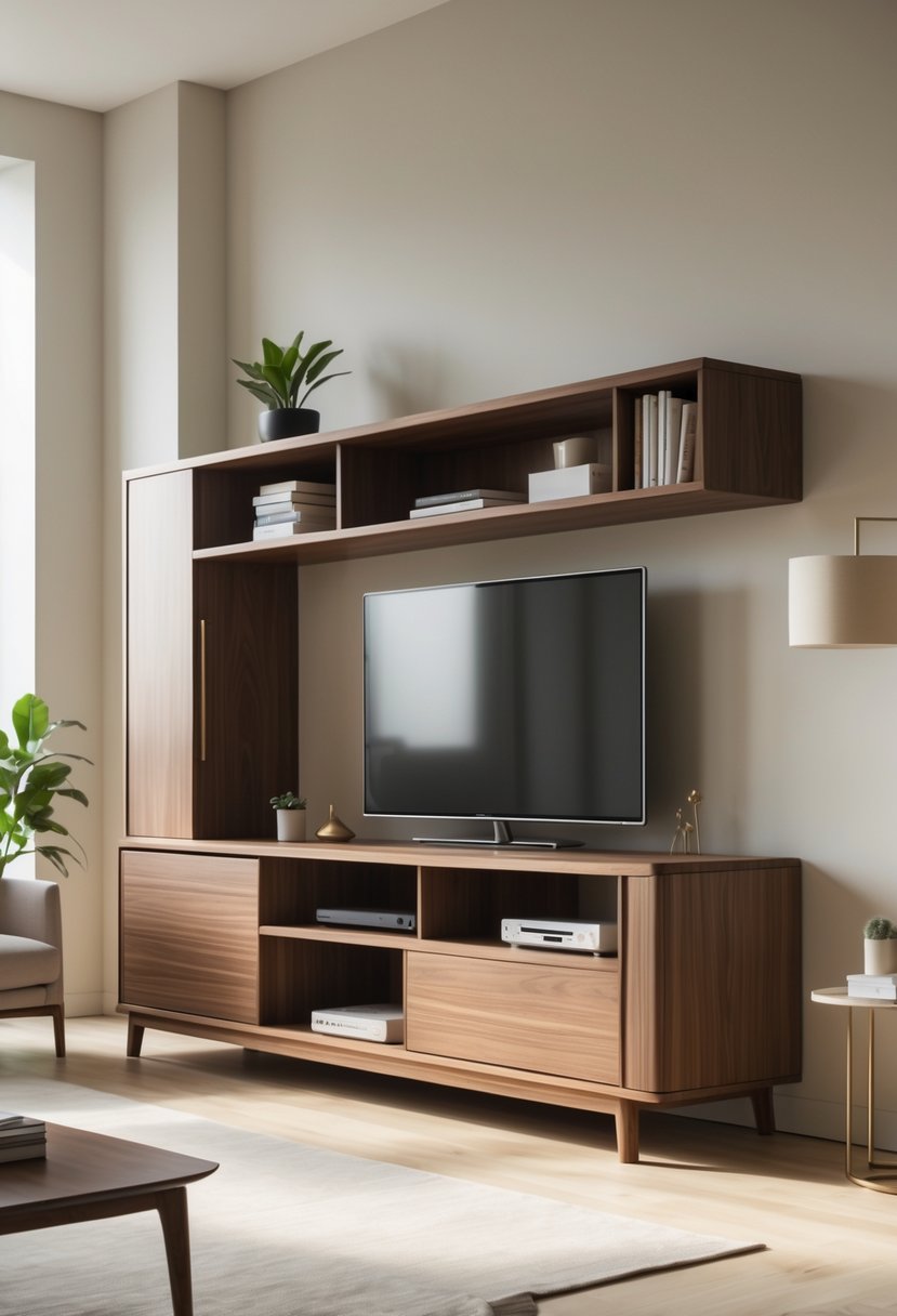 A walnut wood media unit with a flat-screen TV on top, surrounded by shelves and cabinets in a bright living room.