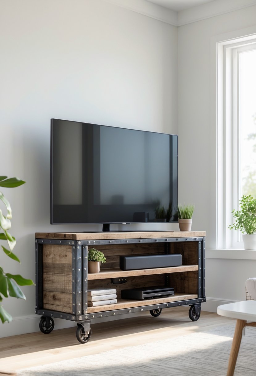 A modern TV stand with wheels holding a flat-screen television and decorative items in a bright living room.