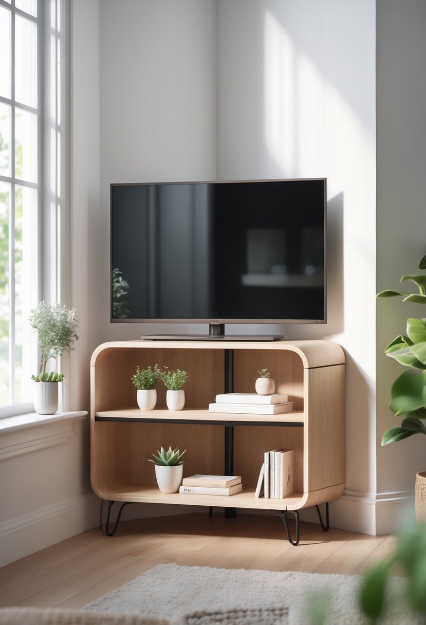 A corner TV stand with a flat-screen television and decorative items in a small living room corner.