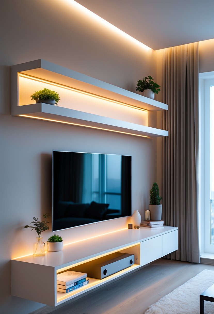 A living room with a wall-mounted floating shelf illuminated by LED lights above a TV table holding a flat-screen television and decorative items.