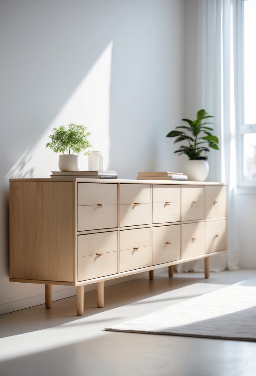 A modern living room with a wooden TV console featuring drawers, decorated with a plant, books, and a lamp.