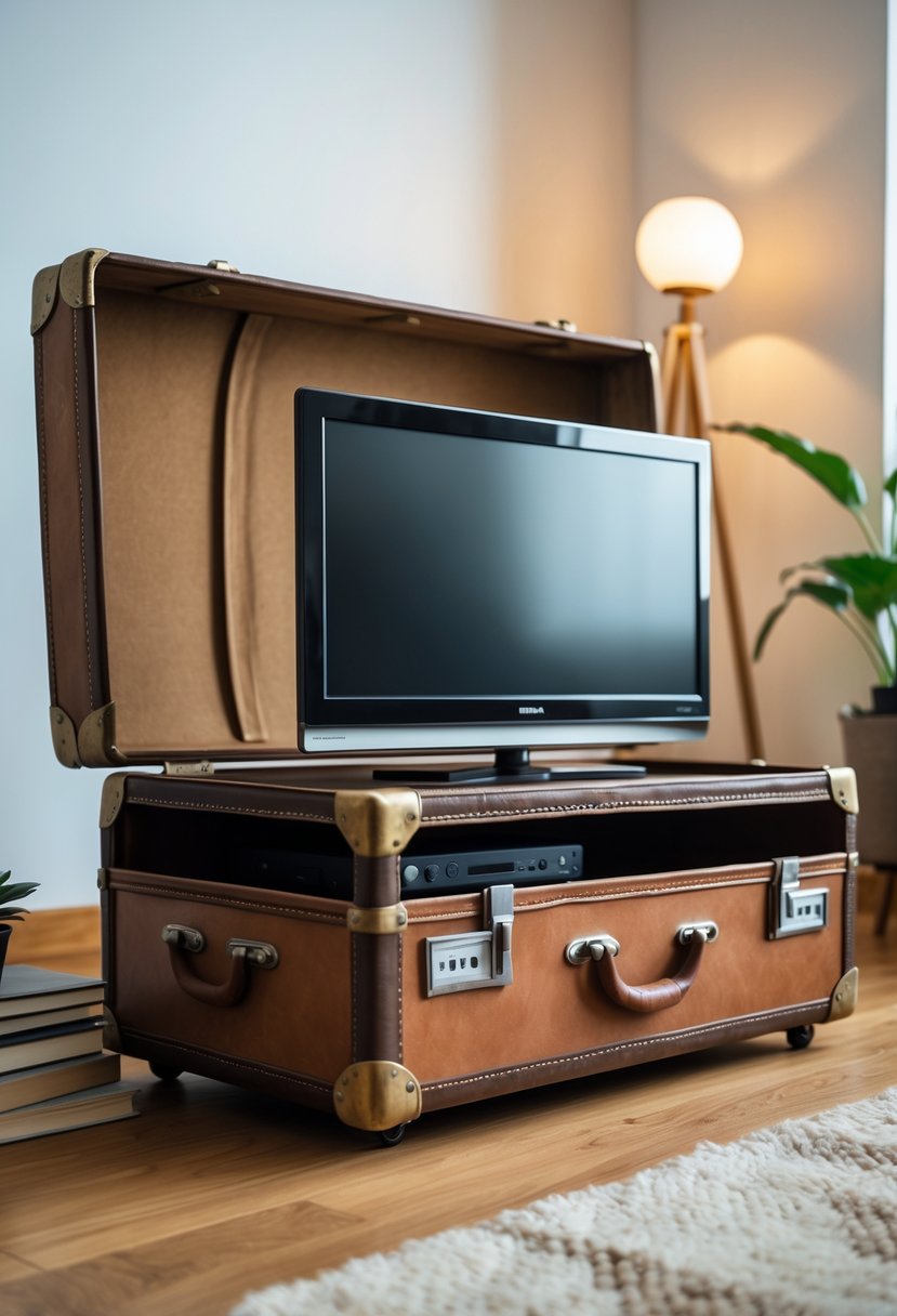 A vintage suitcase converted into a TV cabinet holding a flat-screen television in a cozy living room with a plant, books, and a floor lamp nearby.