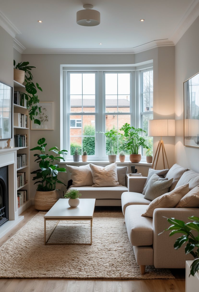 A bright living room in a terraced house with a sofa, coffee table, bookshelf, and indoor plants.