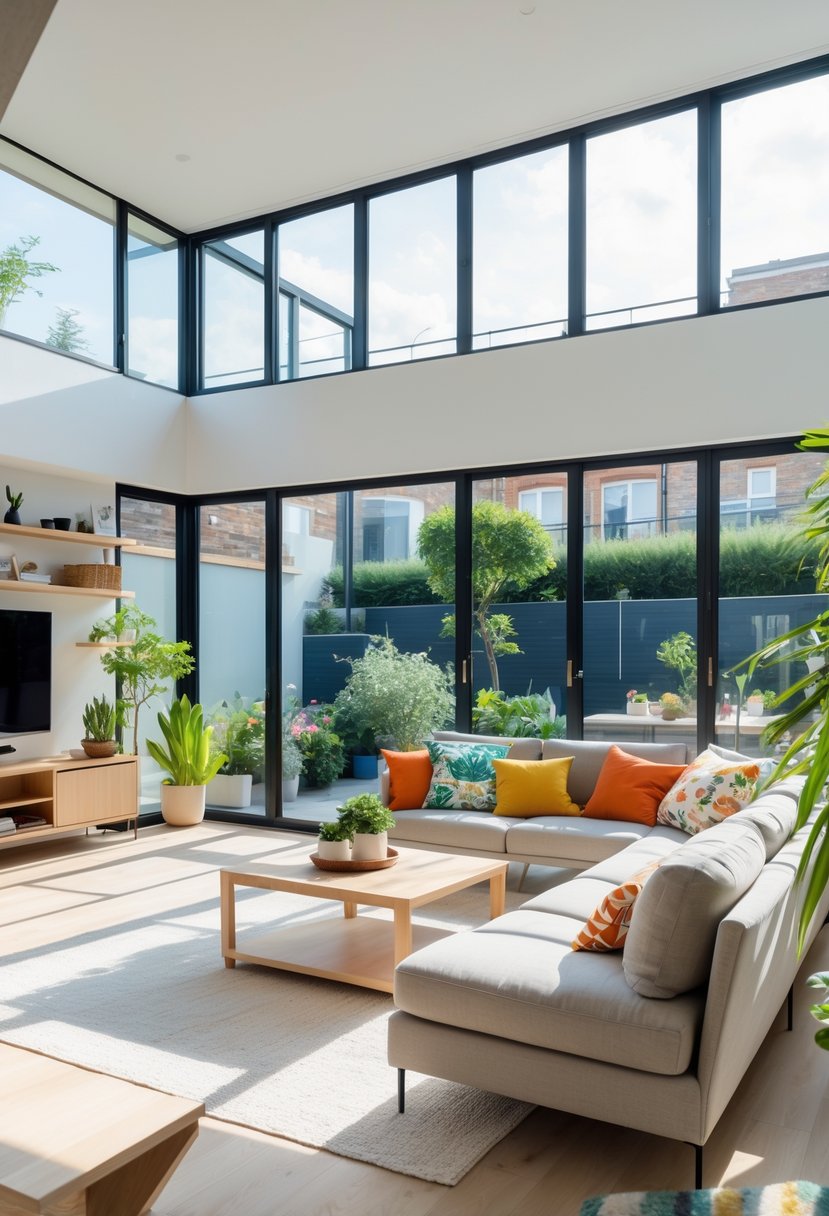 A bright living room with large windows letting in natural light, furnished with a sofa, coffee table, plants, and a view of a garden outside.