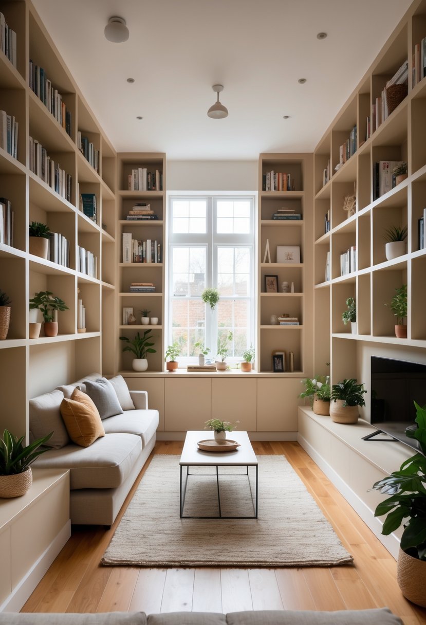 A terraced house living room with built-in shelving filled with books and plants, a sofa, coffee table, and a large window letting in natural light.