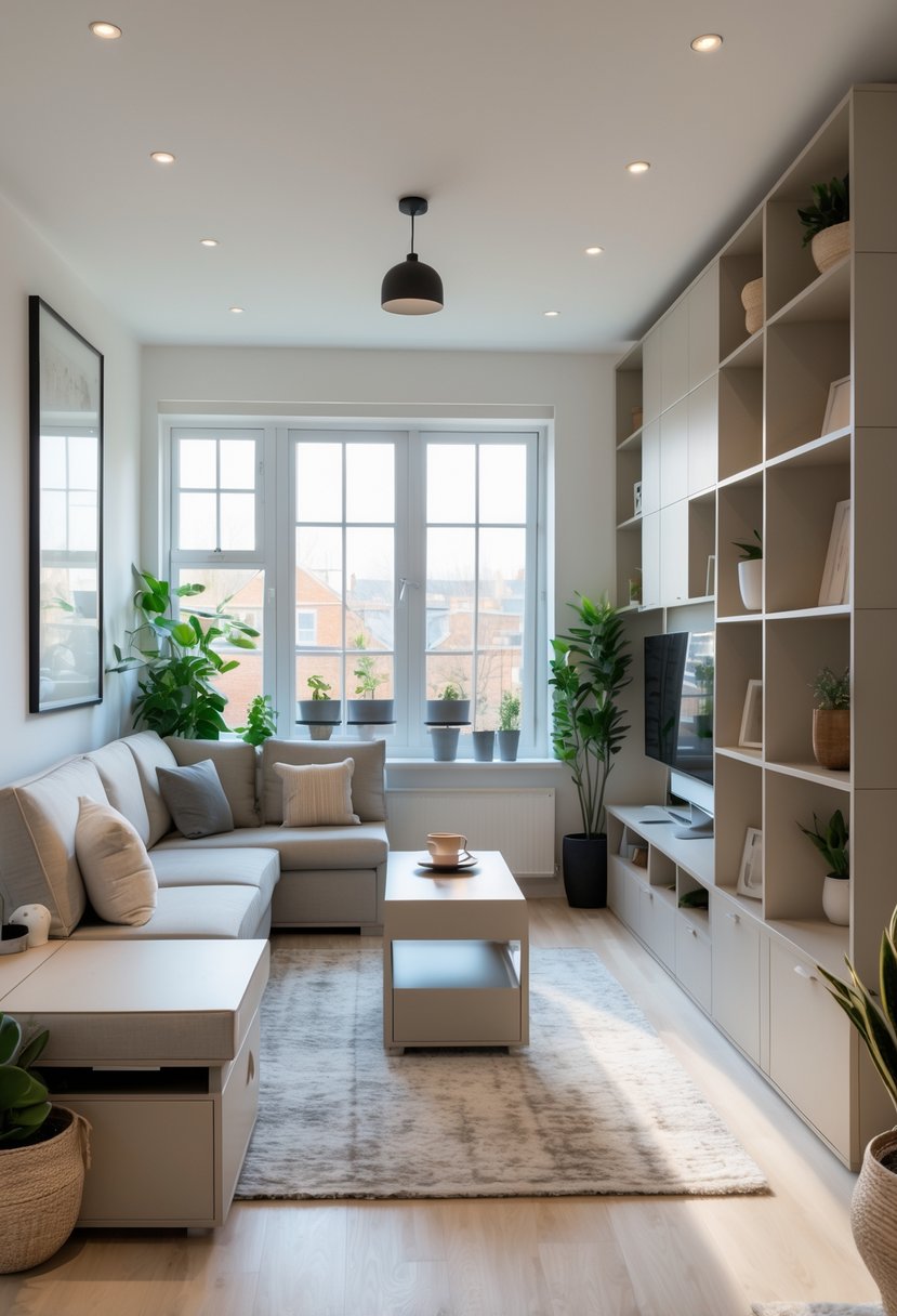 A living room with multi-functional furniture including a sofa with storage, a coffee table that can be used as a desk, and shelving units with storage and display space.