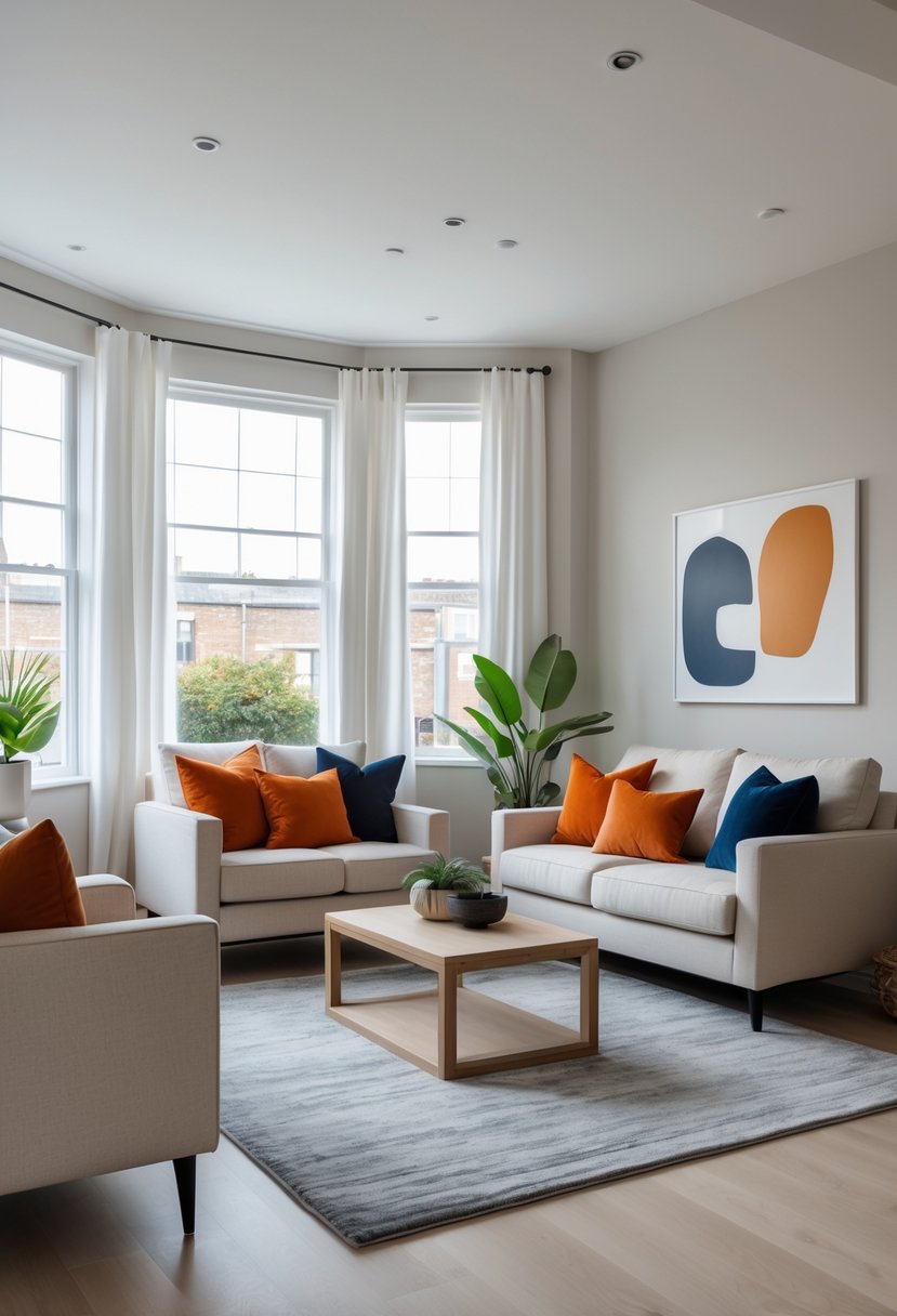 Living room with beige sofa, colorful cushions, wooden coffee table, large windows, and indoor plants.