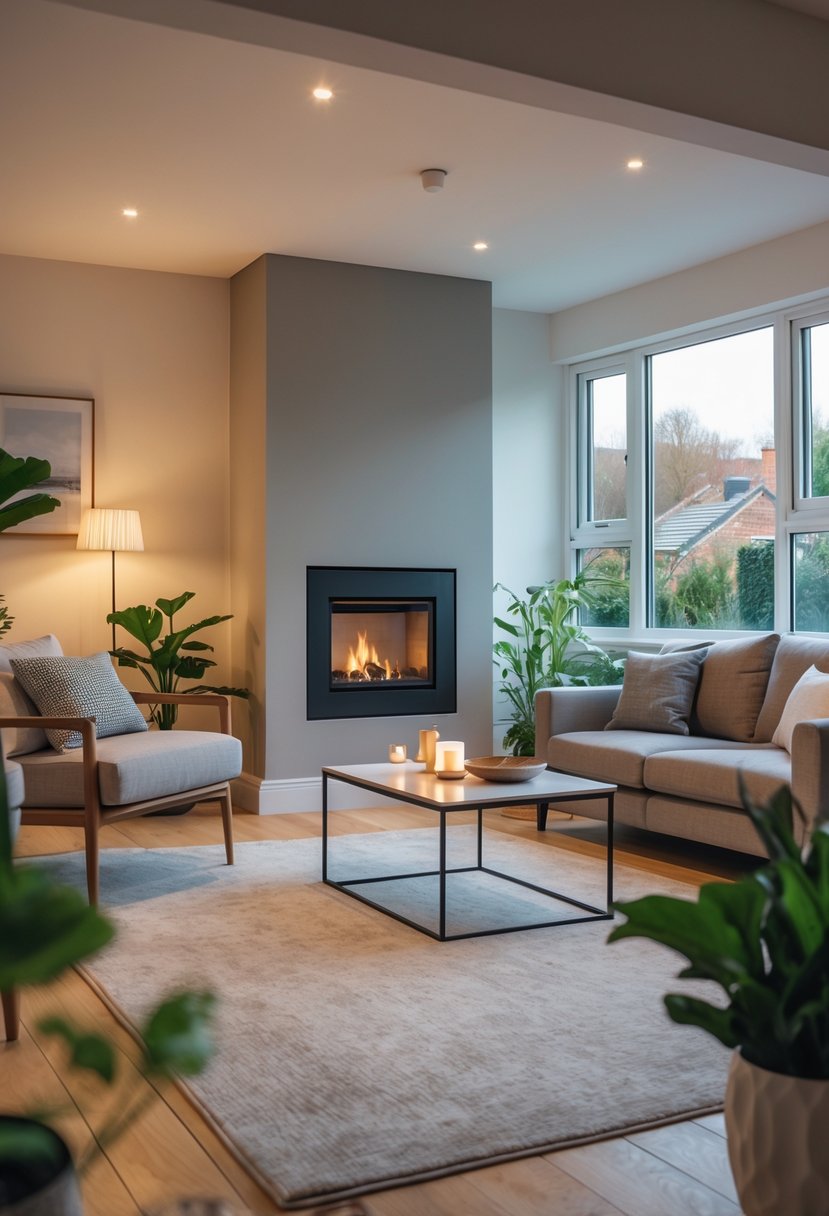 A terraced house living room with a modern feature fireplace, sofa, coffee table, and natural light from large windows.