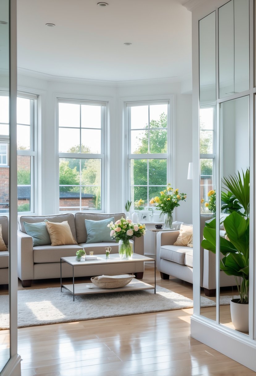 A bright living room with mirrors on the walls reflecting light and space, featuring a sofa, coffee table, and plants.