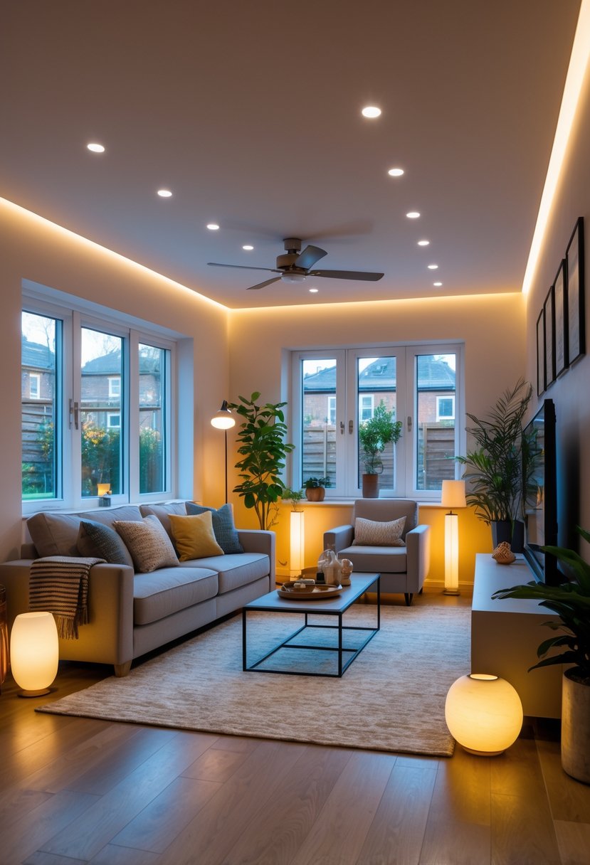 A terraced house living room with a sofa, coffee table, large windows, and multiple light sources creating a warm and inviting atmosphere.