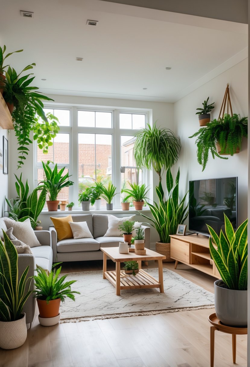 Living room in a terraced house with several green houseplants, a sofa, coffee table, and natural light coming through large windows.