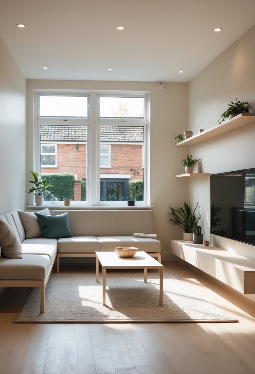 A bright living room with slim furniture, including a narrow sofa, slim coffee table, and wall-mounted shelves with plants.
